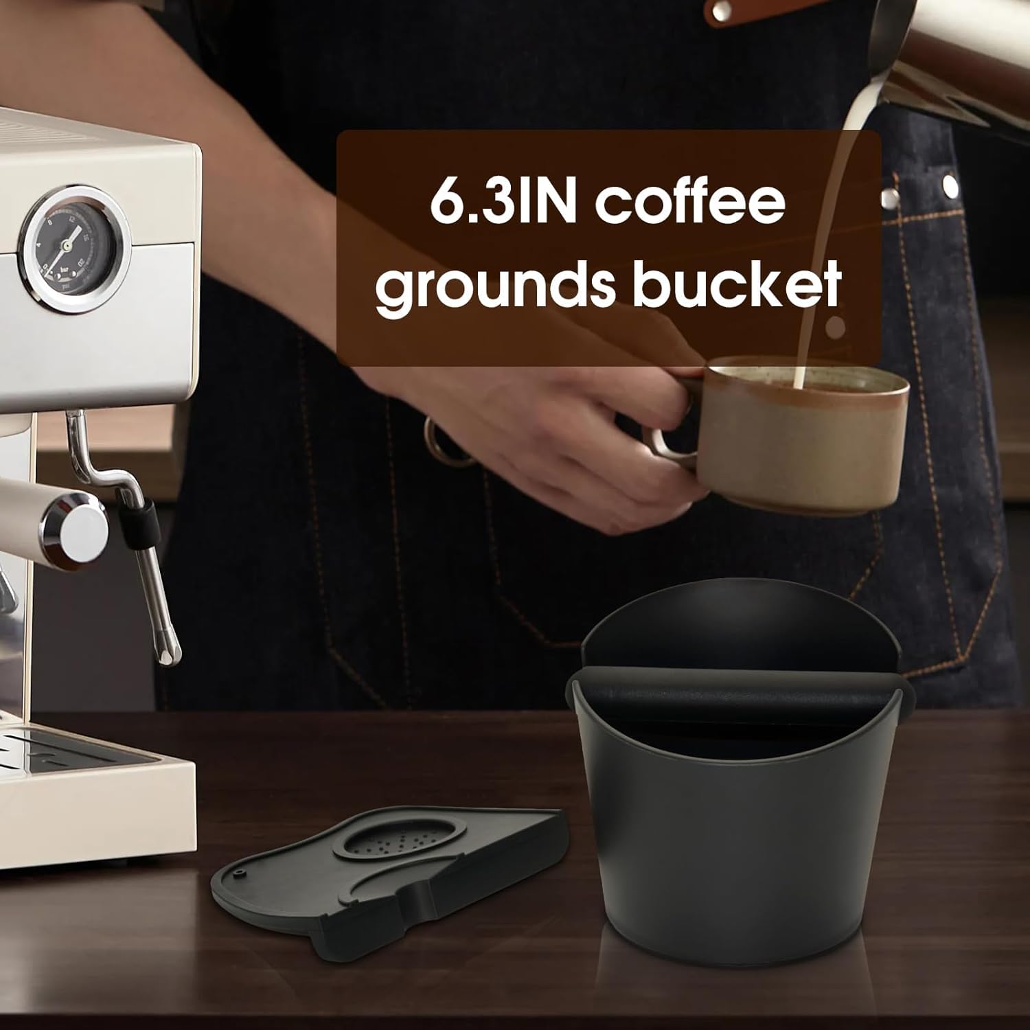 6.3 inch Large Espresso Knock Box Silicone coffee Tamper Mat Espresso Machine Accessories Set of 2 with Removable Knock Bar and Anti-Slip Base for Home Office Barista Tools for Bar Shop