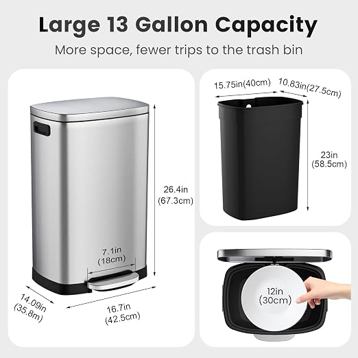 ELPHECO Kitchen Trash Can with Lid Soft Close, 13 Gallon / 50L Stainless Steel - Image 3