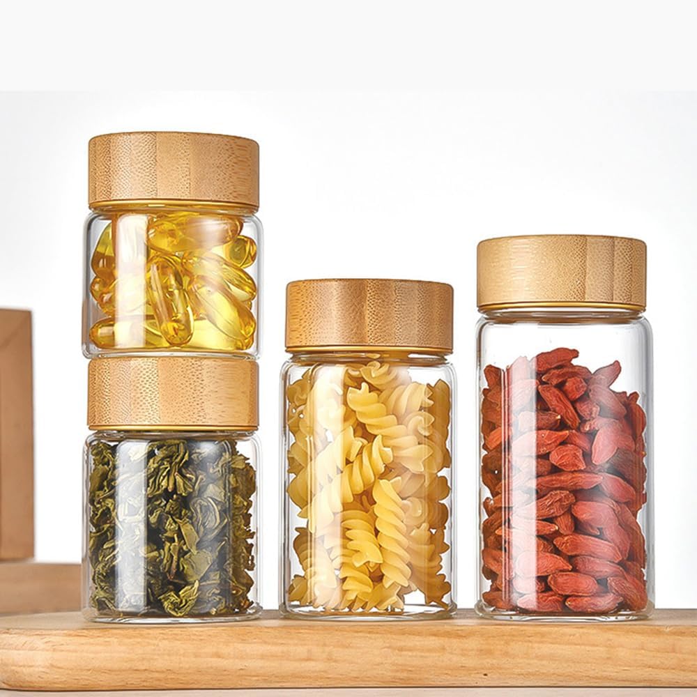 Oidium 4 oz Glass Jars with Bamboo Lids,4-Pack,Glass Spice Jars,Bulk Clear Round for Making Candles,Small Glass Jars For Flour,Sugar,Spices,Tea,Jams,Liquid.wide mouth Mini Jars (Clear 4Pack(4oz))