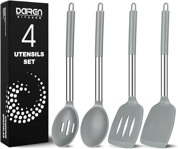 Pack of 4 Large Silicone Cooking Spatulas and Spoons, Slotted and Solid by DaiRenKitchen