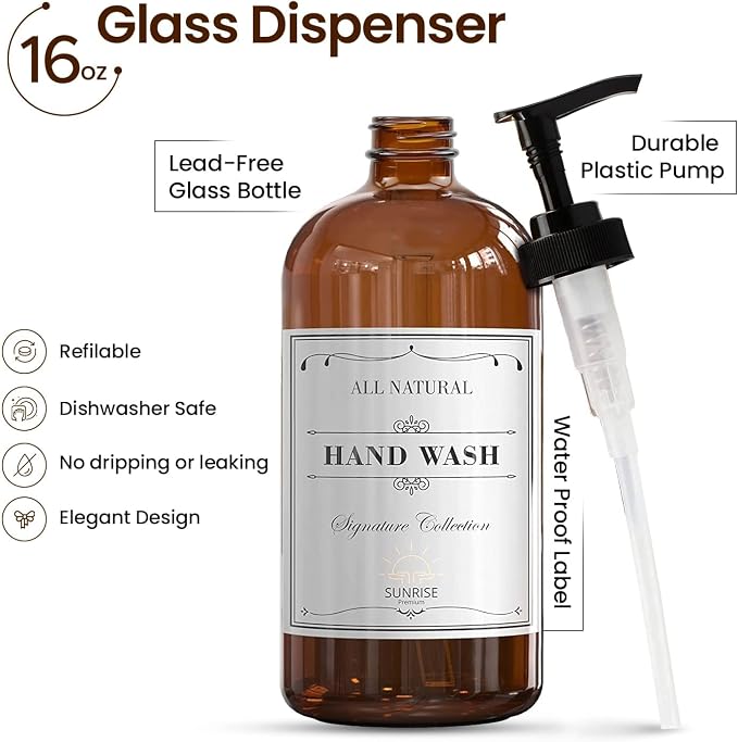 Sunrise Premium, 16 OZ Thick Amber Glass Soap Dispenser - Image 2