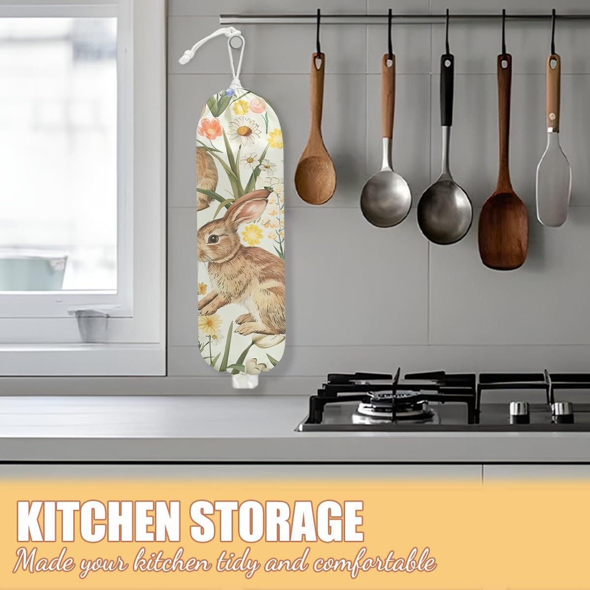 Rabbit Bunny Plastic Bag Holder, Wall Mount Grocery Bag Holder, Plastic Storage bag, Pull Rope Free Adjustment, Plastic Bag Holders for Grocery Bags, Plastic Bag Dispenser for Home Kitchen Pantry