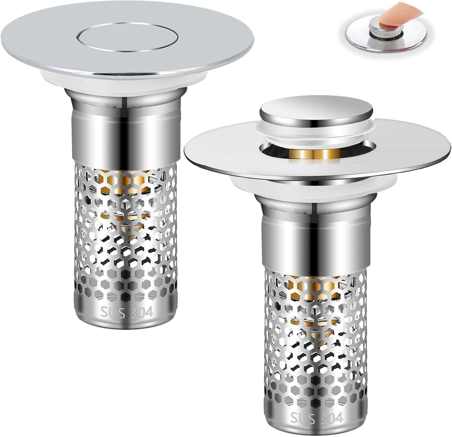 2Pack Bathroom Sink Stopper 1.06"-1.50", Universal Bathroom Sink Drain Pop Up Stopper for US Bathroom Sink Stainless Steel Floor Drain Filter, U.S. Standard Universal Drain Filter (Silver)