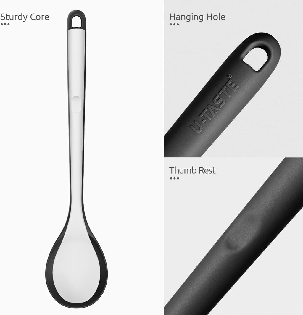600ºF Heat Resistant Silicone Spoon: U-Taste 13.3in Solid Kitchen Cooking Spoon, Nonstick Food Grade Large & Long Soup Rubber Utensil for Mixing, Serving, Stirring, Basting, for Pot Cookware (Black)