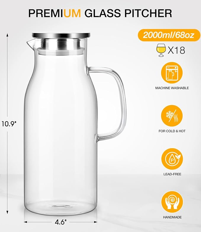 Glass Pitcher with Lid, 2 Liter 68oz Water Pitcher with Handle - Image 3