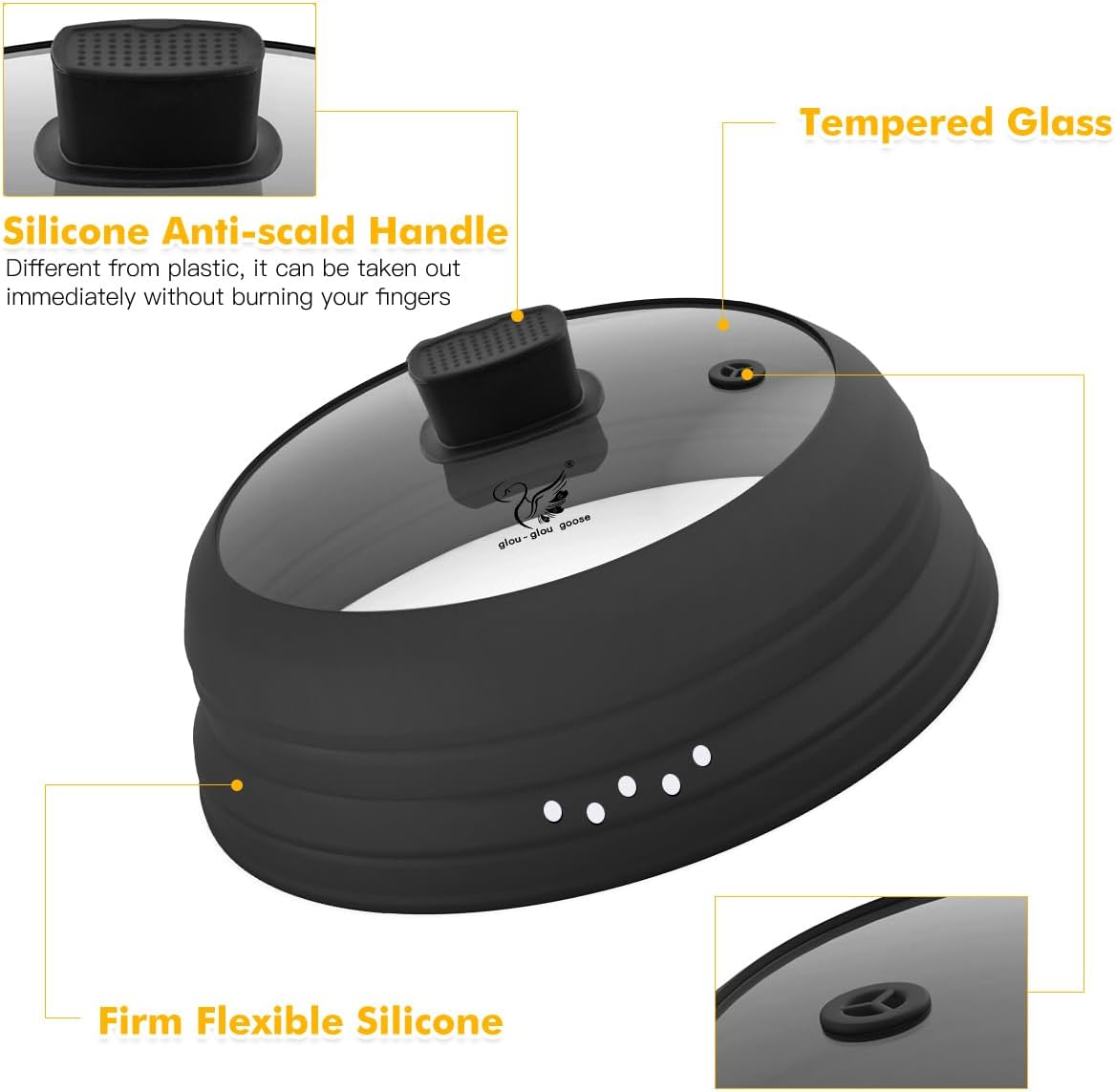 Microwave Splatter Cover Glass Cover Guard Lid with Collapsible Silicone for Food Pot Plate Cover 11.8 inch Black