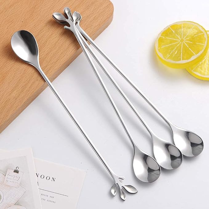 AnSaw 6-Piece Elegant Silver Leaf Long Handle Teaspoons - Image 4