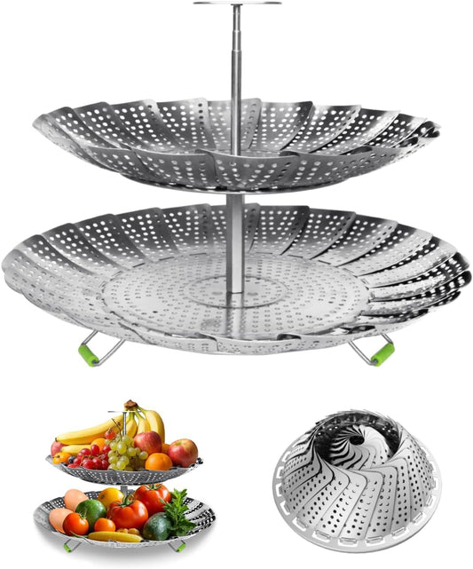 Double Layer Steamer Basket for Cooking - Large Capacity 2-in-1 Stainless Steel Vegetable Steamers, Expandable 5.4-11 Inches Adjustable Steamer Insert for Pots/Instant Pot, Dual Layer Steamers for Baby Food/Seafood/Dumplings