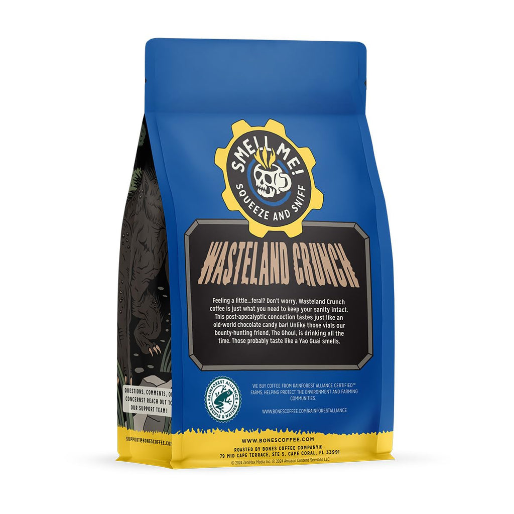 Bones Coffee Company Fallout Wasteland Crunch,Chocolate Candy Bar Flavored Coffee, Medium Roast Low Acid Arabica Beans Compatible with Auto drip and French Press Coffee Maker, 12 Oz Whole Bean