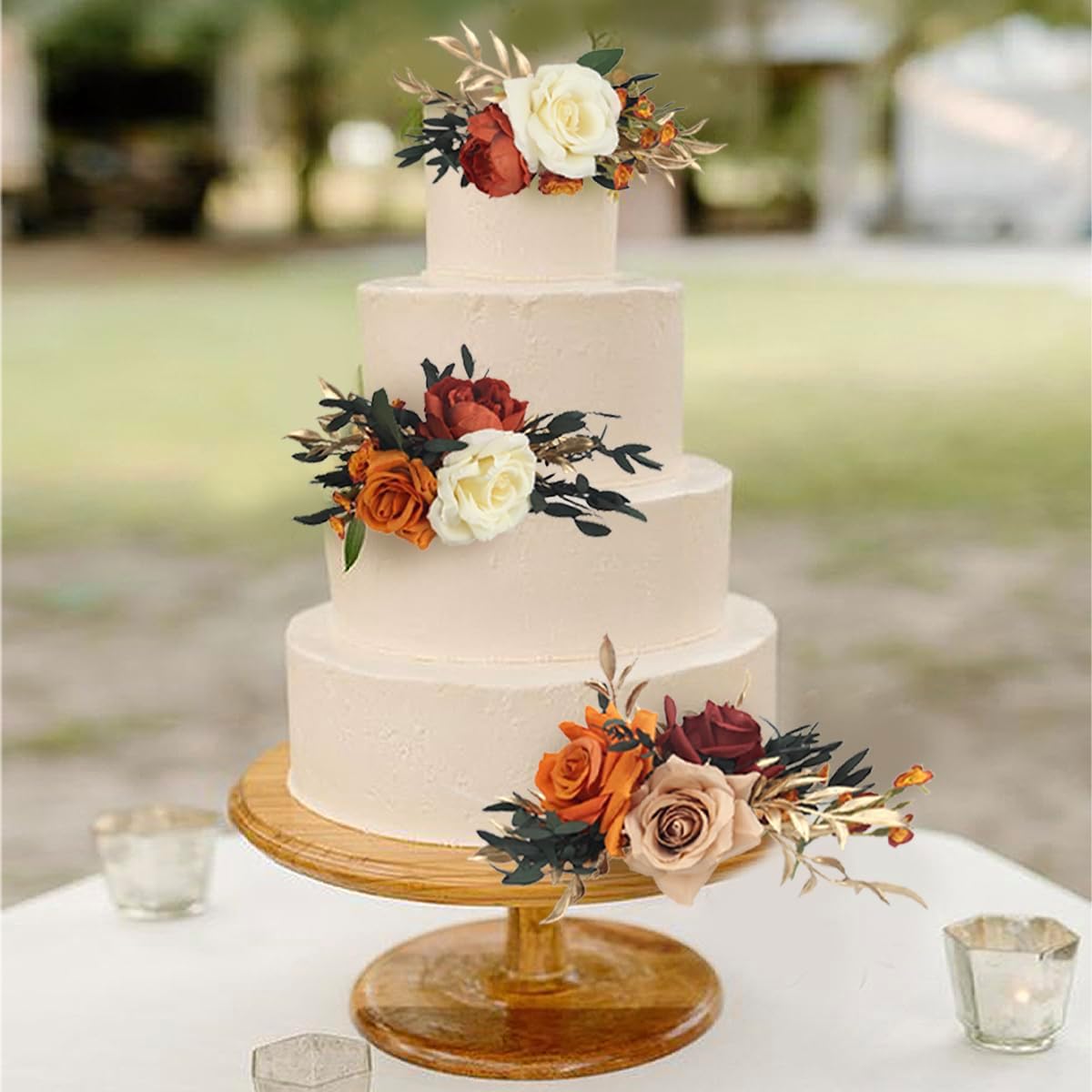 Rinlong 3Pcs Pre-made Cake Topper Cake Decorating Flowers for Cake Decor Boho Burnt Orange Fall Cake Flowers for Wedding Baptism Birthday Party Bridal Baby Shower