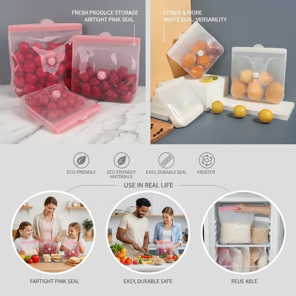 Reusable Silicone Food Storage Bags – Premium Eco-Friendly Multi-Size Set (650ml/1300ml/2000ml), Leakproof, BPA-Free, Freezer & Microwave Safe, Dishwasher Friendly (Pink)