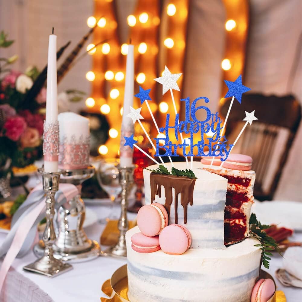 Glittery 16th Cake Topper with Star Boys and Girls 16th Birthday Party Supplies, Sixteen Years Old Birthday Party Decorations Royal Blue