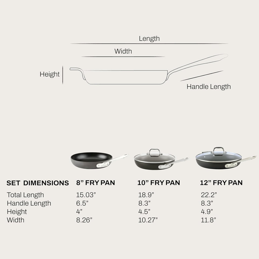 All-Clad HA1 Hard Anodized Nonstick Fry Pan Set – 3-Piece Cookware, 8", 10", 12" Skillets with Lid, Induction Compatible, Oven Safe to 500°F, Lid Safe to 350°F, Black