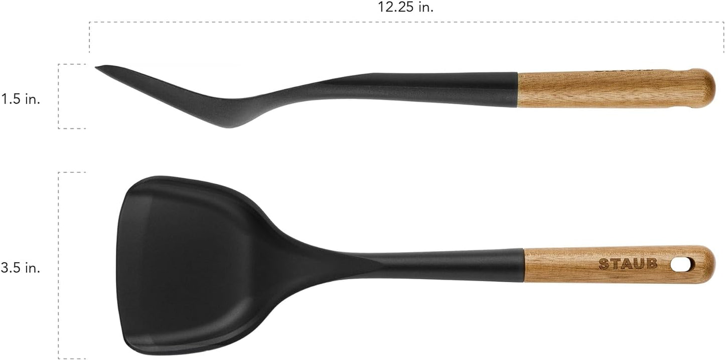 STAUB Wok Spatula, Perfect for Scooping, Flipping, Stirring, and Turning Stir Fries, One Size, Durable BPA-free Matte Black Silicone, Acacia Wood Handles, Safe for Nonstick Cooking Surfaces