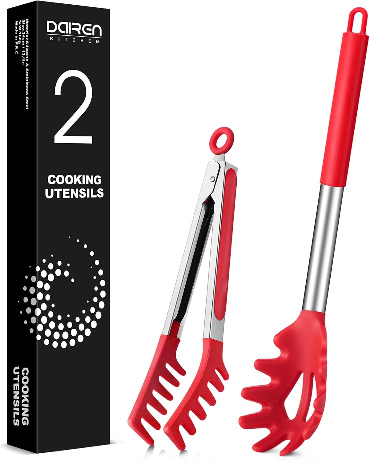 Spaghetti Spoon and Pasta Tong, Non-stick Silicone Spoon Server Fork with teeth and Stainless Steel Handle Spaghetti Tong, Food Clip for Spaghetti Noodle (RED)