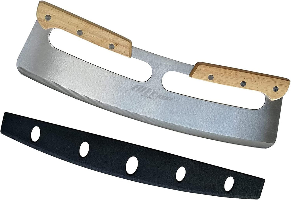 ALLTOP Pizza Cutter Rocker,Stainless Steel Blade Knife With Double Wooden Handle & Plastic Cover, Large Pizza Slicer/Chopper, Essential Kitchen Tool -14 In