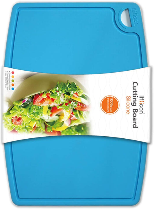Thick Silicone Cutting Board 12.6'' x 9.1'' Foldable & Flexible Design Juice Grooves Easy Grip Handle Dishwasher Safe-Blue