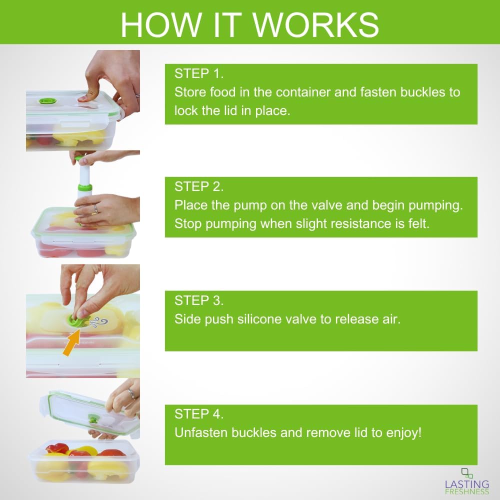 Lasting Freshness 11 piece Vacuum Seal Food Storage Containers with Vacuum Pump, Airtight and Leak Proof, Vacuum Sealed Food Storage Containers, Meal Prep Containers, Keep Food Fresh up to 5 X Longer