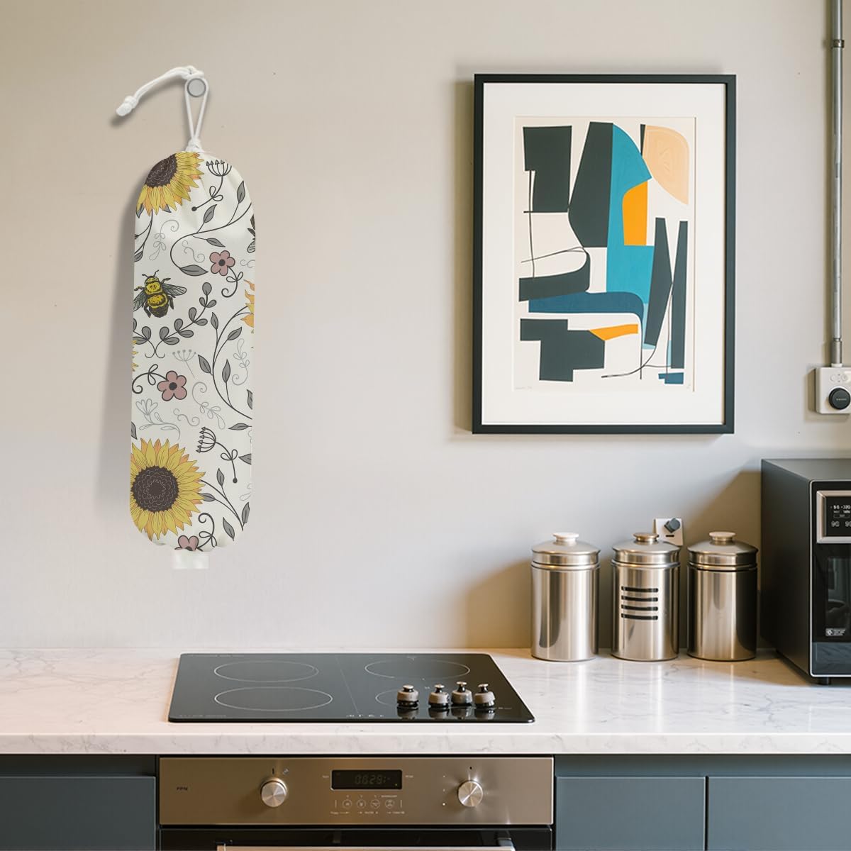 Cute Bee Plastic Bag Holder, Wall Mount Grocery Bag Holder for Plastic Bags, Vintage Rustic Sunflower Large Reusable Grocery Bags Storage Dispenser for Home Kitchen Pantry, Sunflower Gifts for Women