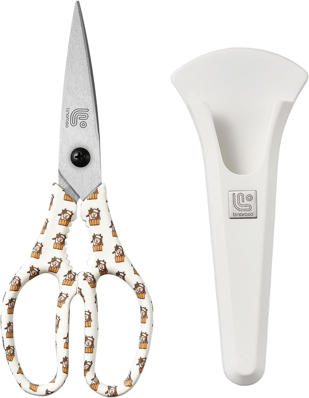 Linoroso Kitchen Scissors Heavy Duty Kitchen Shears with Magnetic Holder Made with Japanese Steel 4034, Multipurpose Ultra Sharp Cooking Scissors for Meat/Vegetables/BBQ/Herbs/Pizza (Graphic,Cow)