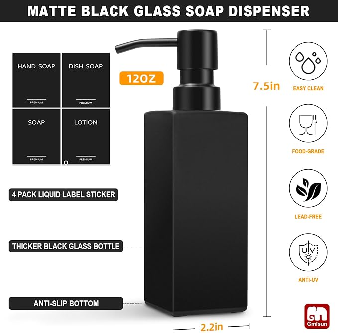 GMISUN Black Soap Dispenser, Hand Soap Dispenser Bathroom, 12 fl oz/350ml Glass - Image 2