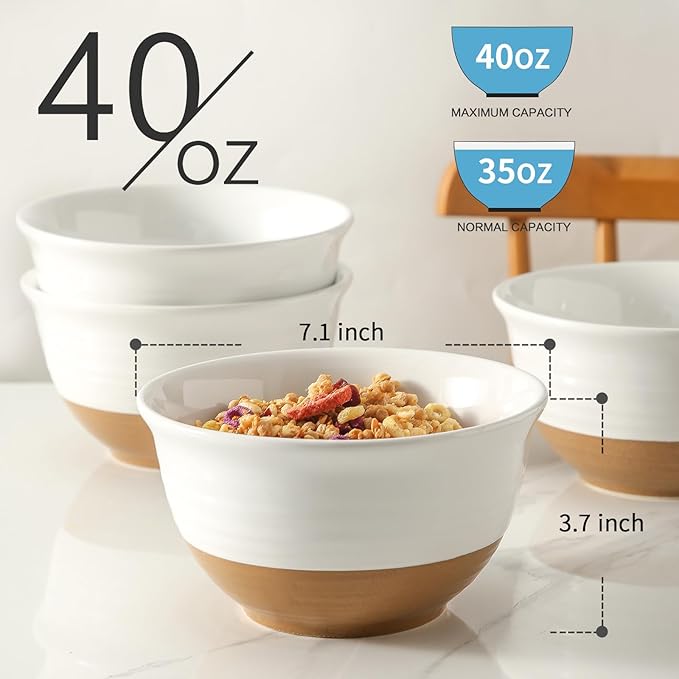 HASENSE Large Ceramic Soup Bowls Set of 4, 40 Oz 7 Inch White & Terracotta - Image 3