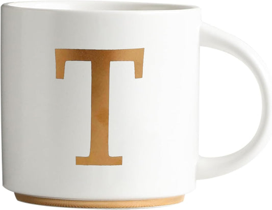 COLLECTIVE HOME - Monogram Ceramic Mugs, 15 oz Golden Initial Coffee Cups, Elegant Alphabet Tea Mugs, Elegant Personalized Mug with Gift Box, Unique Mug with Double Side Capital Letter (T)