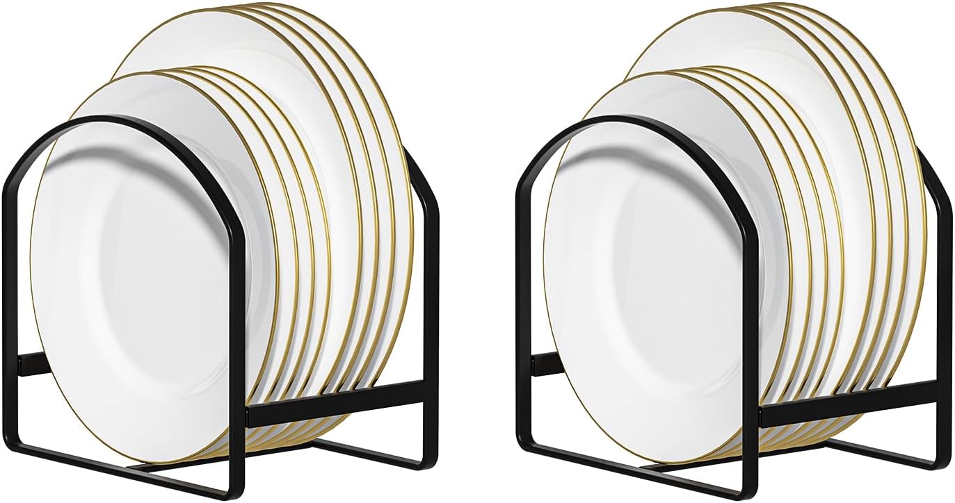 LINFIDITE 2 Pack Kitchen Plate Holder Organizer for Cabinet Space Saver Dinner Dish Plate Storage Rack Upright Dish Drying Racks Metal Dish Racks Stand for Cupboard and Countertop Large Black