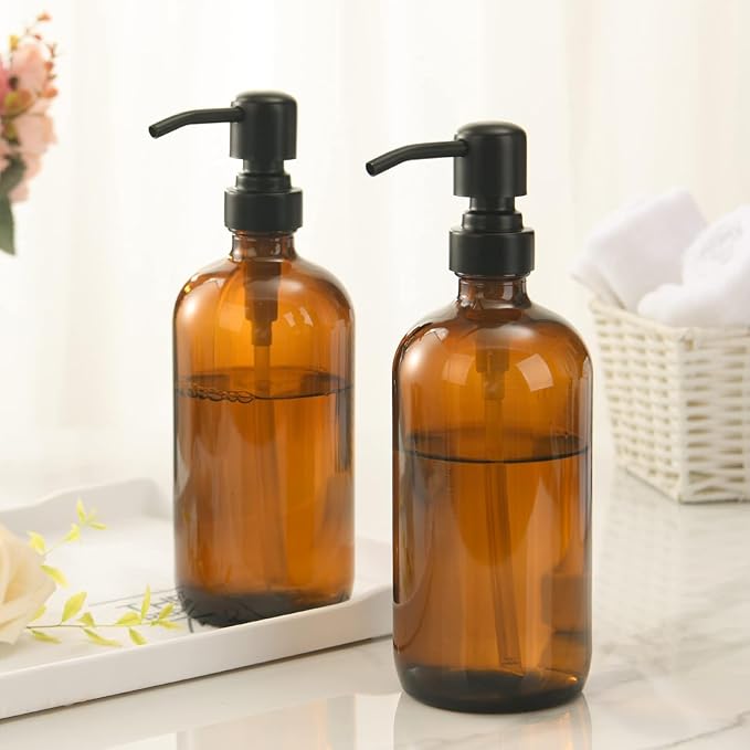 AmazerBath Amber Glass Soap Dispenser, 2 Pack Soap Dispenser Set - Image 2