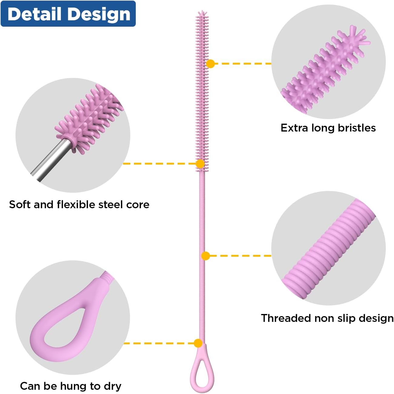 YOTIME Silicone Straw Cleaner Brush, 2Pcs Reusable Straw Brush Extra Long for Cleaning Tumbler with Handle and Glass Metal Smoothie Straws, Non-slip Handle Soft and Bendable, 6mm+9mm, Pink