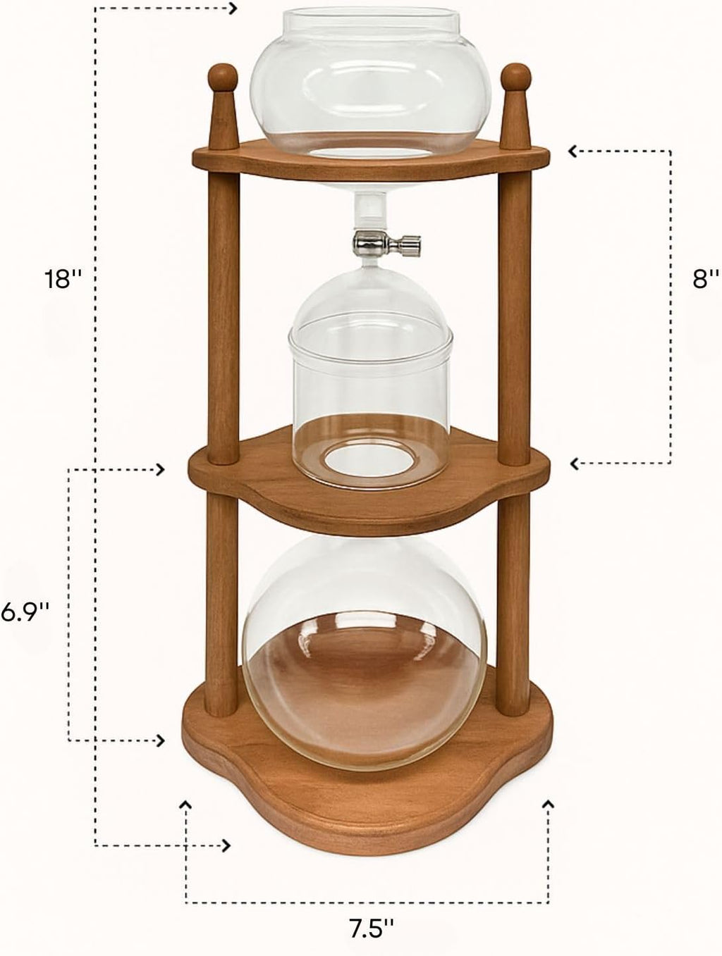 Nispira Cold Brew coffee Maker Ice Coffee Drip Machine with Advanced Slow Drip Technology Borosilicate Glass with Wood Tower, 6-8 Cup, Brown