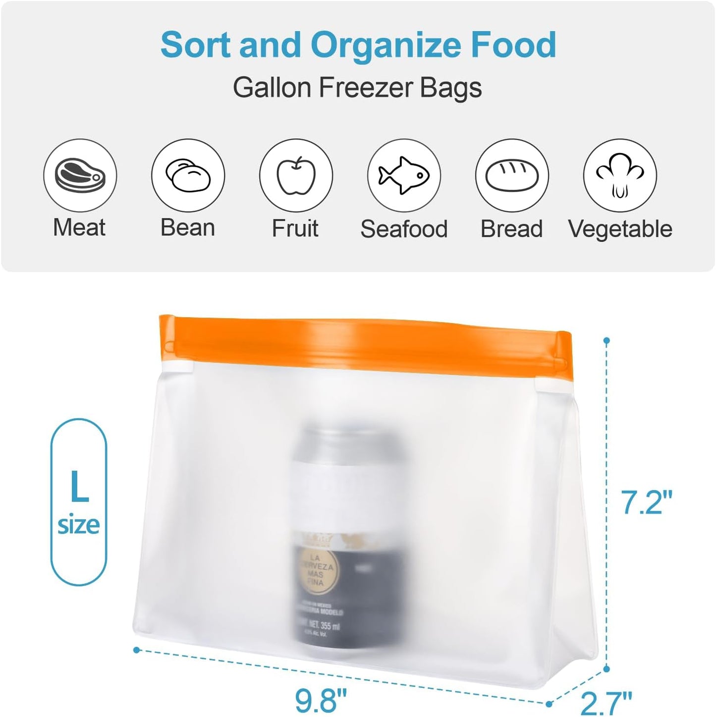 iSPECLE Reusable Gallon Freezer Bags - 6 Pack Freezer Bags BPA-Free with Stand-Up Bottom and Label, Easy to Get Frozen Meat, Vegetables, Fruit, Leakproof Freezer Storage Bags Keep Food Fresh, Orange