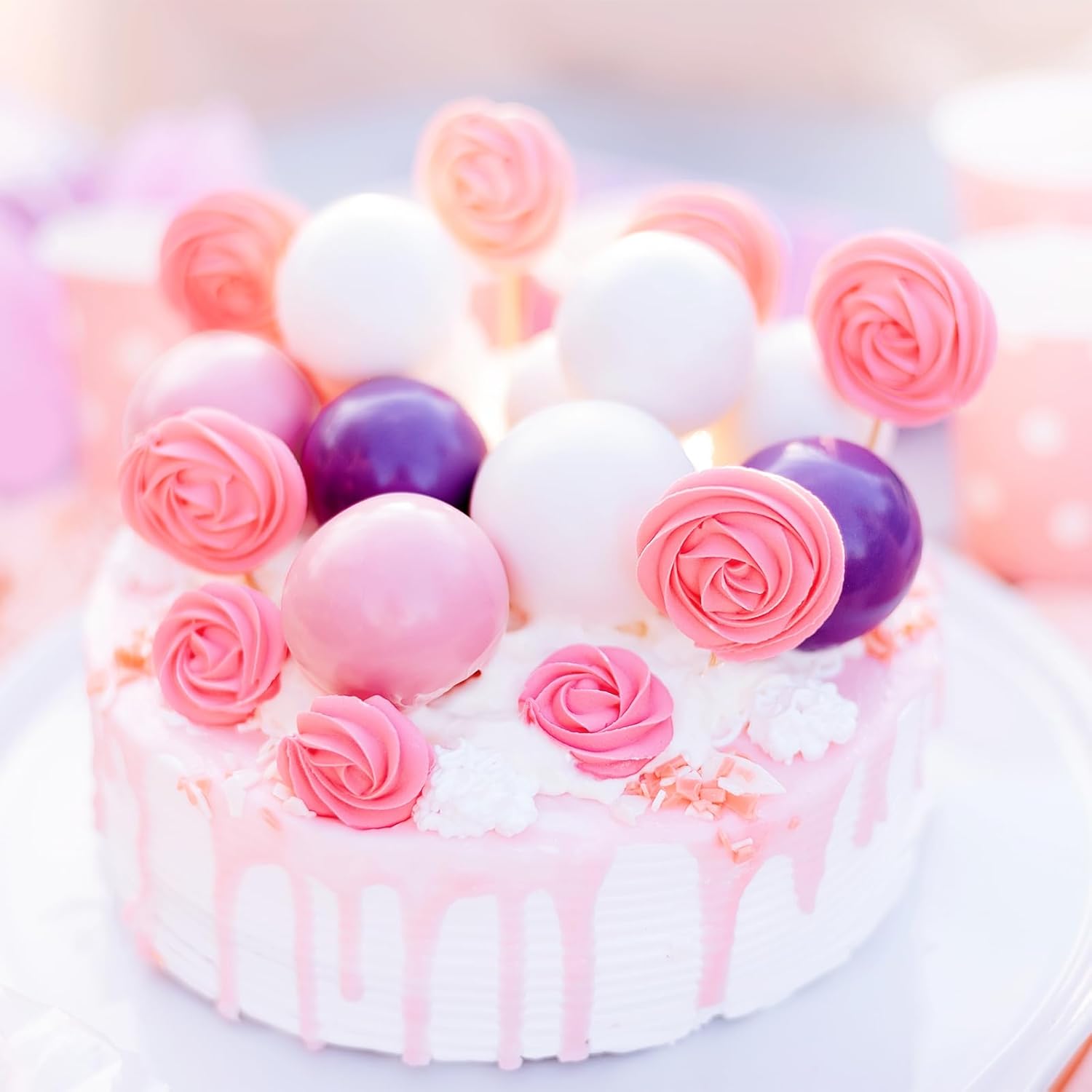48 Pcs Balls Cake Topper Decorations Balloon Cupcake Toppers Foam Cake Topper Balls Cake Balls Decorations for Birthday Party Wedding Anniversary Cake Decorating (Pink, Purple, White, Gold)