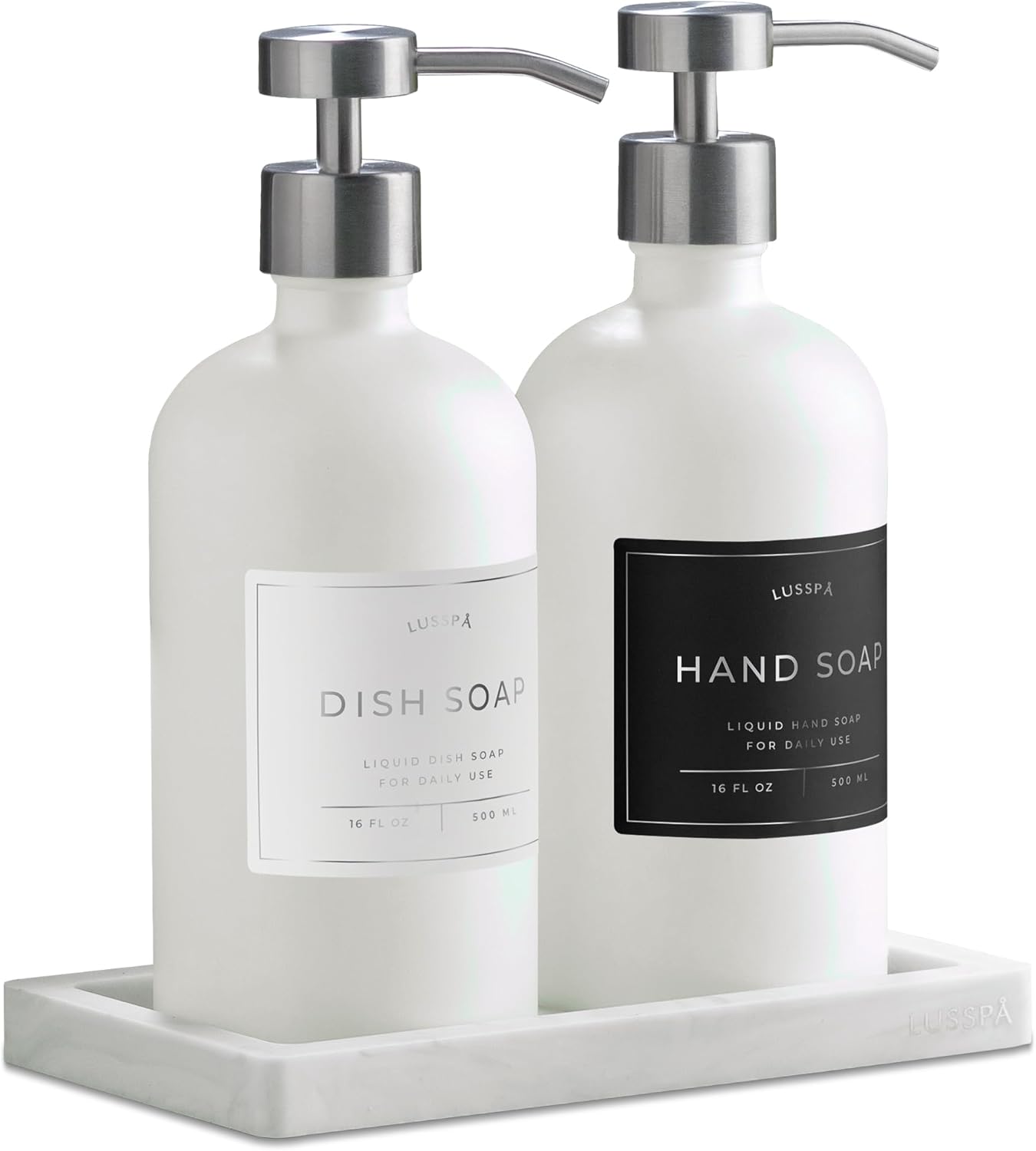 Lotion, Hand & Dish Soap Dispenser for Kitchen Sink - Bathroom Soap Dispenser Set of 2 16.8 Oz Glass Bottles with Stainless Steel Pump, 15 Water Proof Labels & Silicon Tray (White/Silver)