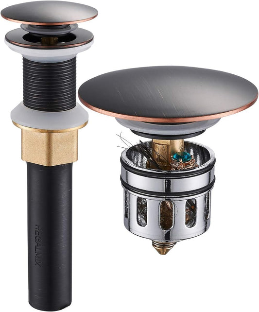Bathroom Sink Drain, Vessel Sink Pop Up Drain with Detachable Basket Stopper,Anti-Explosion and Anti-Clogging Drain Strainer, Sink Drain Assembly Without Overflow Oil Rubbed Bronze, REGALMIX RWF082C
