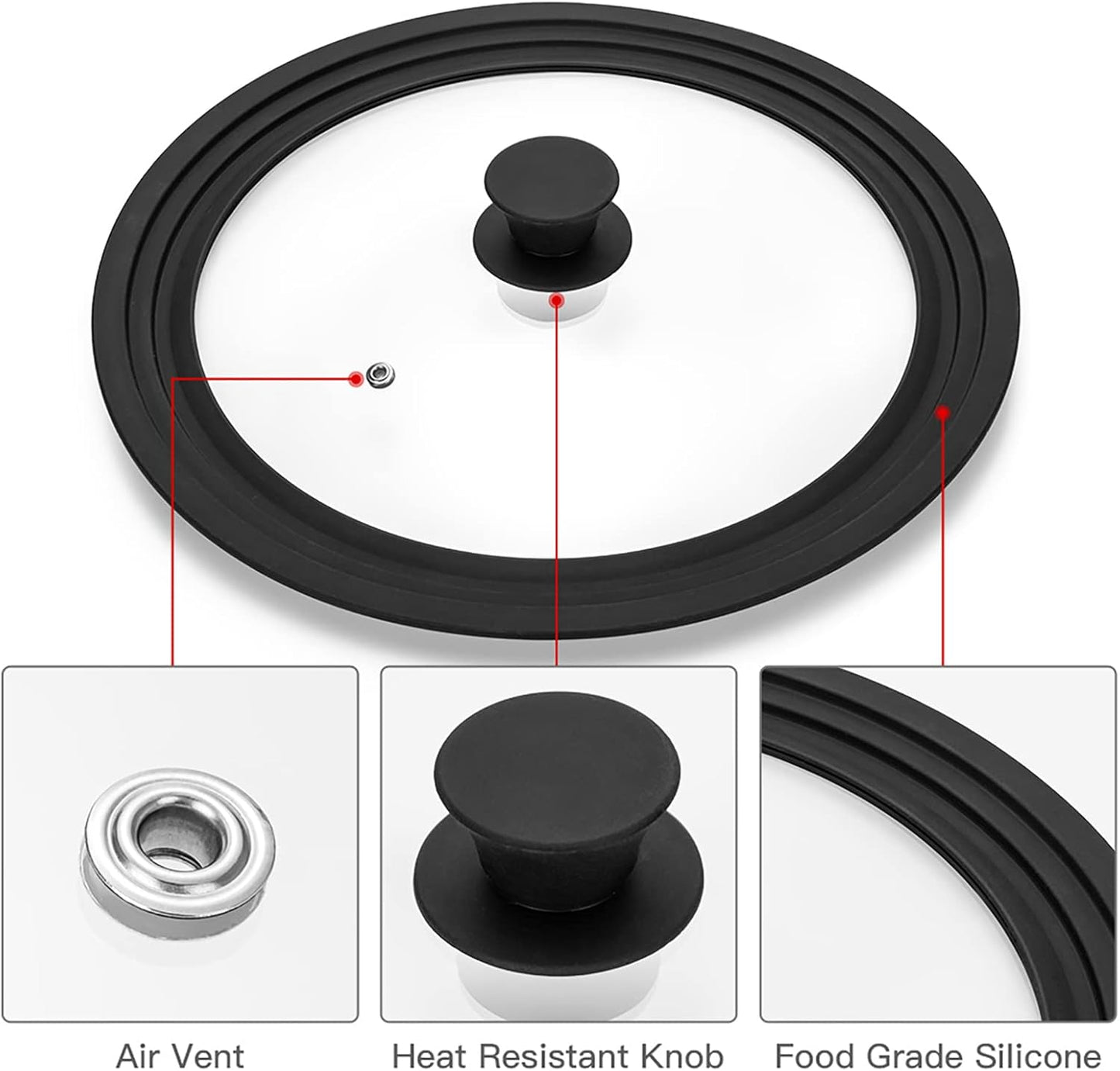 Universal Lid for Pots, Pans and Skillets Vented Tempered Glass with Heat Resistant Silicone Rim, Fits 8 inch, 8.5 inch, 9.5 inch Cookware, Replacement Lid, Black