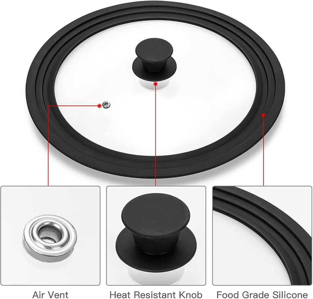 Universal Lid for Pots, Pans and Skillets Vented Tempered Glass with Heat Resistant Silicone Rim, Fits 6 inch, 7 inch, 8 inch Cookware, Replacement Lid, Black