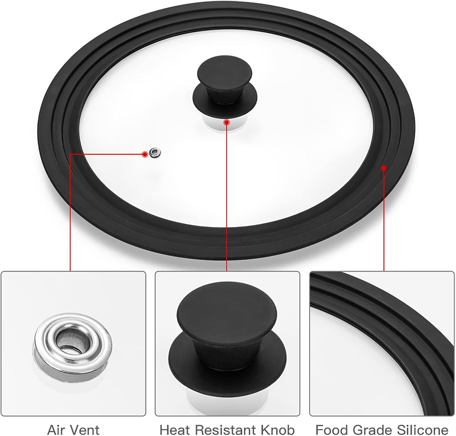 Universal Lid for Pots, Pans and Skillets Vented Tempered Glass with Heat Resistant Silicone Rim, Fits 6 inch, 7 inch, 8 inch Cookware, Replacement Lid, Black