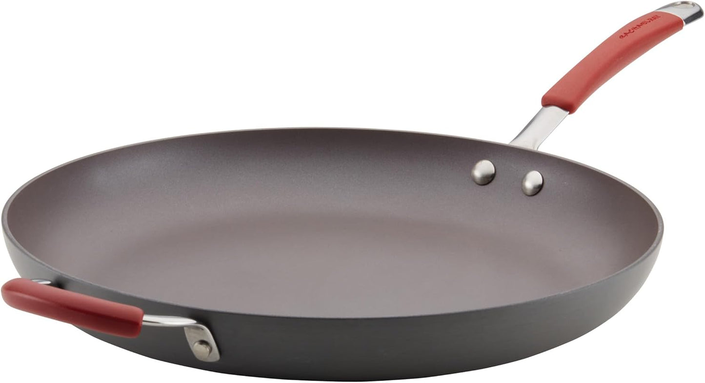 Rachael Ray 87631-T Cucina Hard Anodized Nonstick Skillet with Helper Handle, 14 Inch Frying Pan, Gray/Red