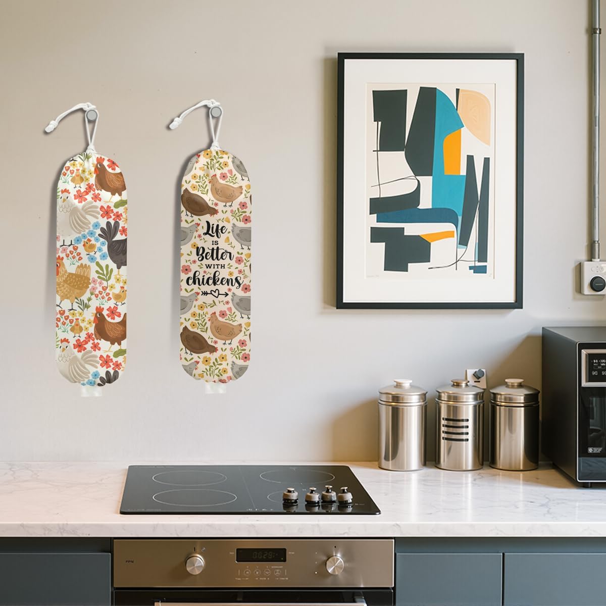 2 Pcs Chicken Plastic Bag Holder, Funny Chickens Grocery Bag Holder for Plastic Bags, Pull Rope Free Adjustment, Floral Grocery Bags Storage Dispenser for Home Kitchen, Chicken Gifts for Women