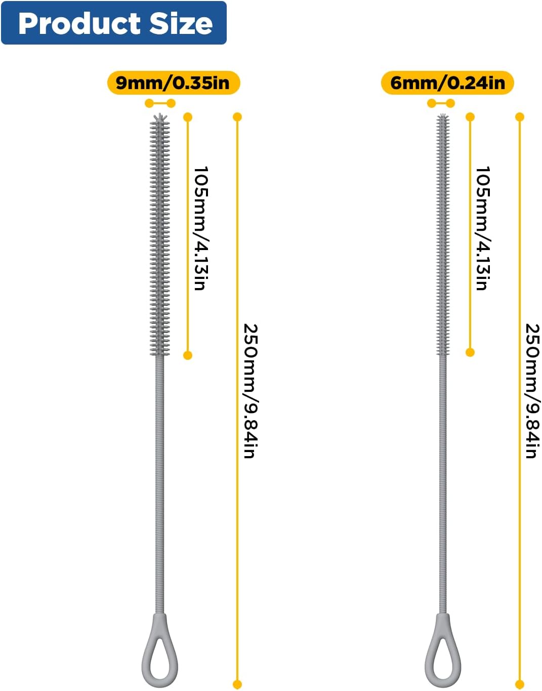 YOTIME Silicone Straw Cleaner Brush, 2Pcs Reusable Straw Brush Extra Long for Cleaning Tumbler with Handle and Glass Metal Smoothie Straws, Non-slip Handle Soft and Bendable, 6mm+9mm, Gray