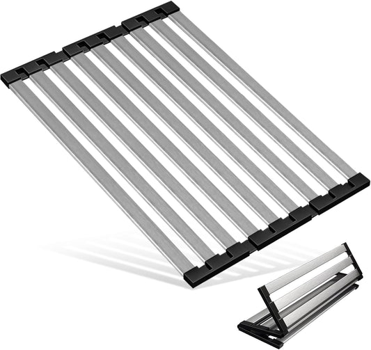 21.5" X 13" Dish Drying Rack, Over Sink Drying Rack, Kitchen Roll Up 304 Stainless Steel Drain Rack, Roll Up for Kitchen and RV Sinks, Black