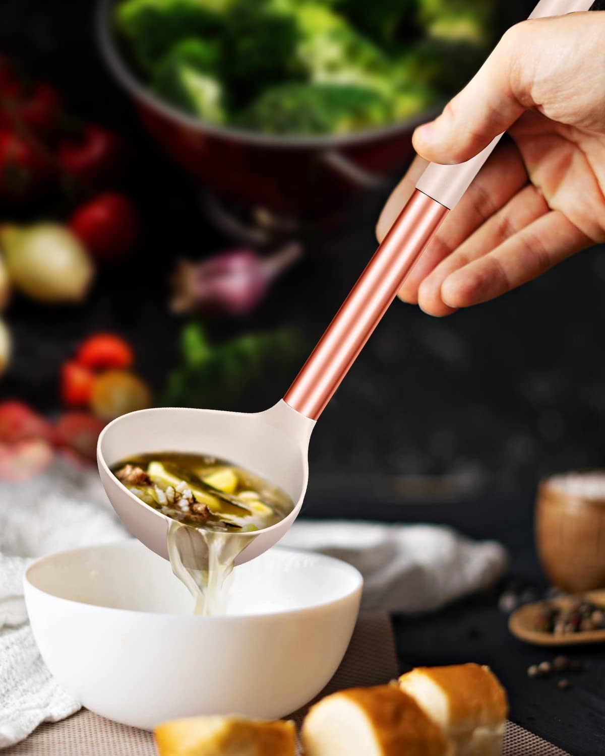 Pack of 2 Ladle Spoon,Silicone Large Spoon for Soup,Non Stick Kitchen Utensils with High Heat Resistant,BPA Free Perfect Kitchen Tools for Cooking, Stirring,Serving Soups (ROSE GOLD BLACK-KHAKI)