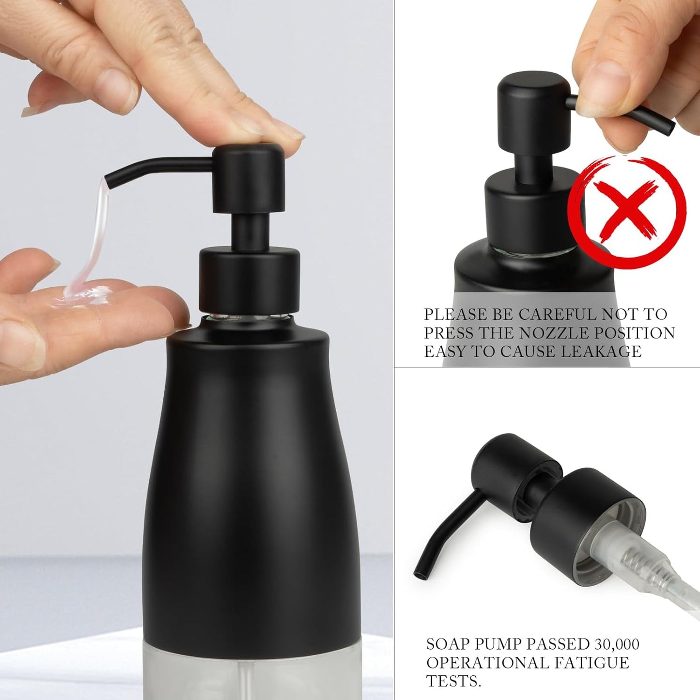 Black Soap Dispenser with Coaster and Stickers, Dish Soap Dispenser for Kitchen, Hand Soap Dispenser for Bathroom, 304 Stainless Steel Glass Lotion Dispenser (2 Pack)