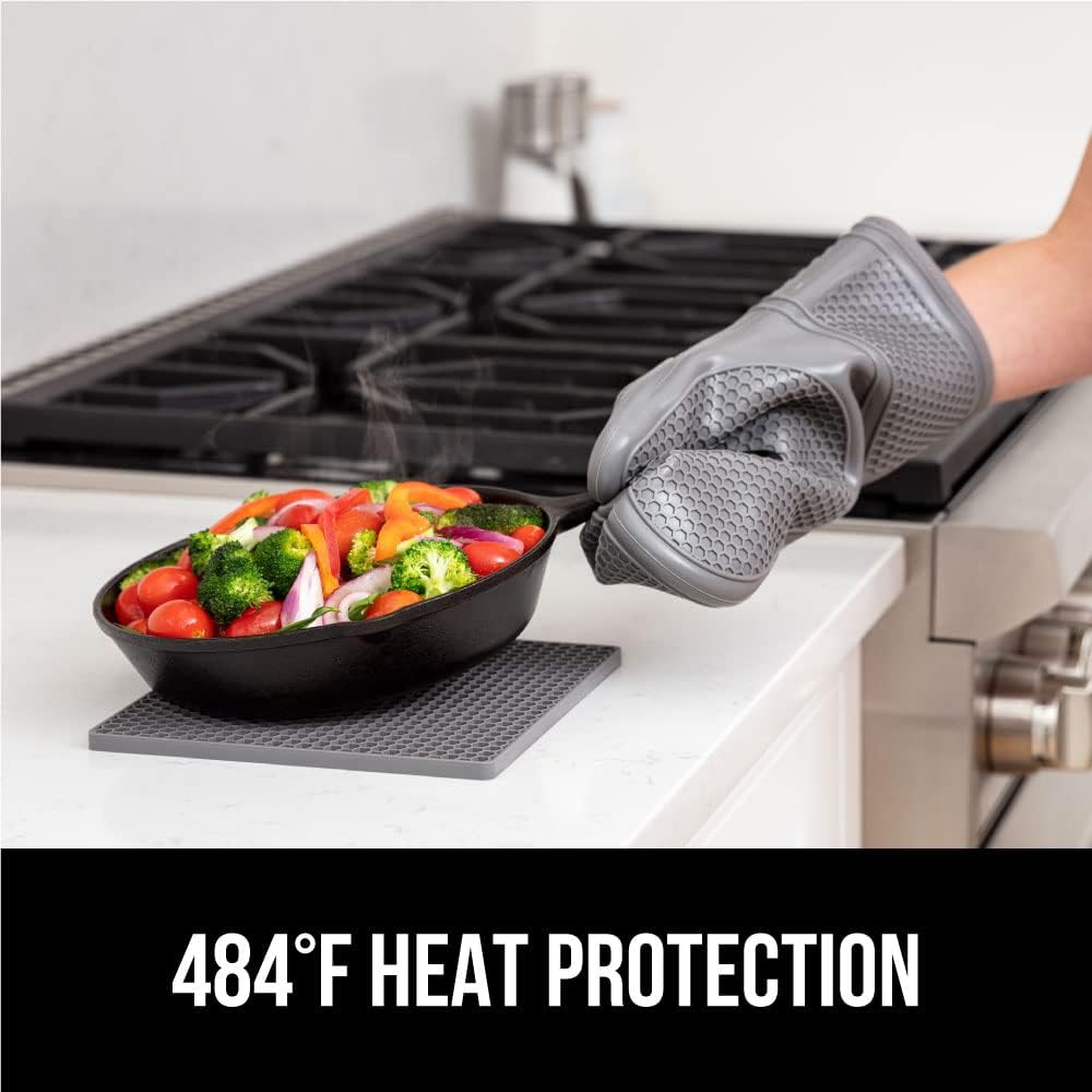 GORILLA GRIP BPA-Free Soft Silicone Oven Mitts and Pot Holders Sets of 4, Heat Resistant Waterproof Cooking Gloves, Thick Cotton Lining, Flexible Gripping for Baking Grilling, Kitchen Trivets, Gray