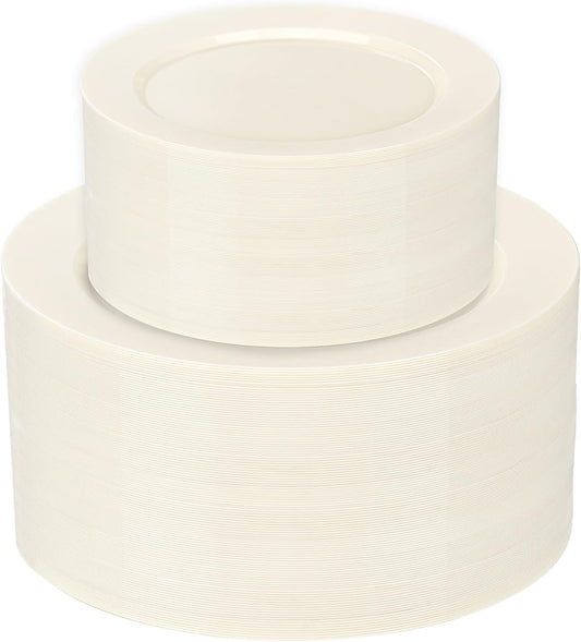 I00000 102 Pcs Ivory Plastic Plates, Disposable Party Plates Include 51 Ivory Dinner Plate 10’’ and 51 Plastic Dessert Plate 7’’ Perfect for Birthday, Party & Wedding