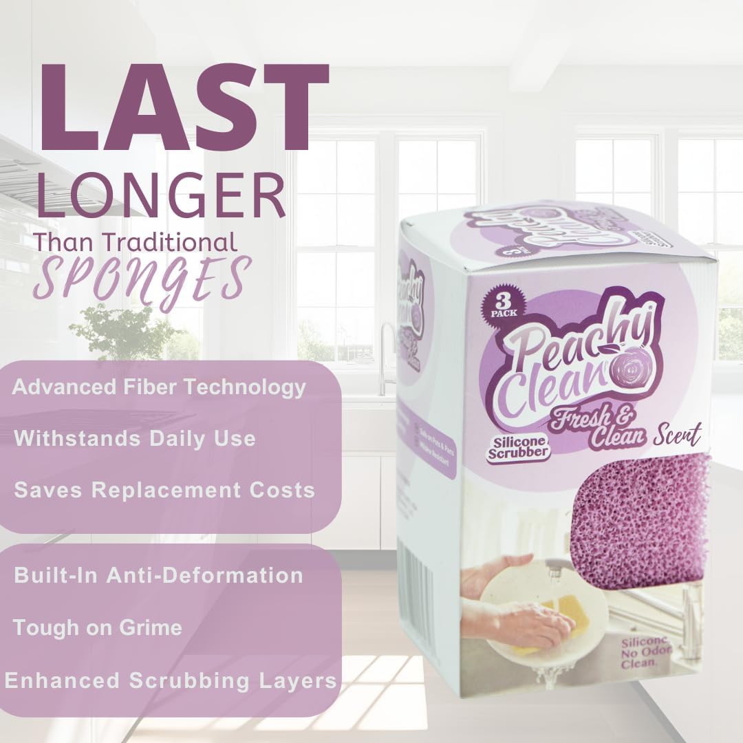 Peachy Clean Silicone Dish Sponge Scrubbers, Fresh & Clean Scent, Non-Scratch, Odor-Resistant, Durable Dish Sponges for Kitchen