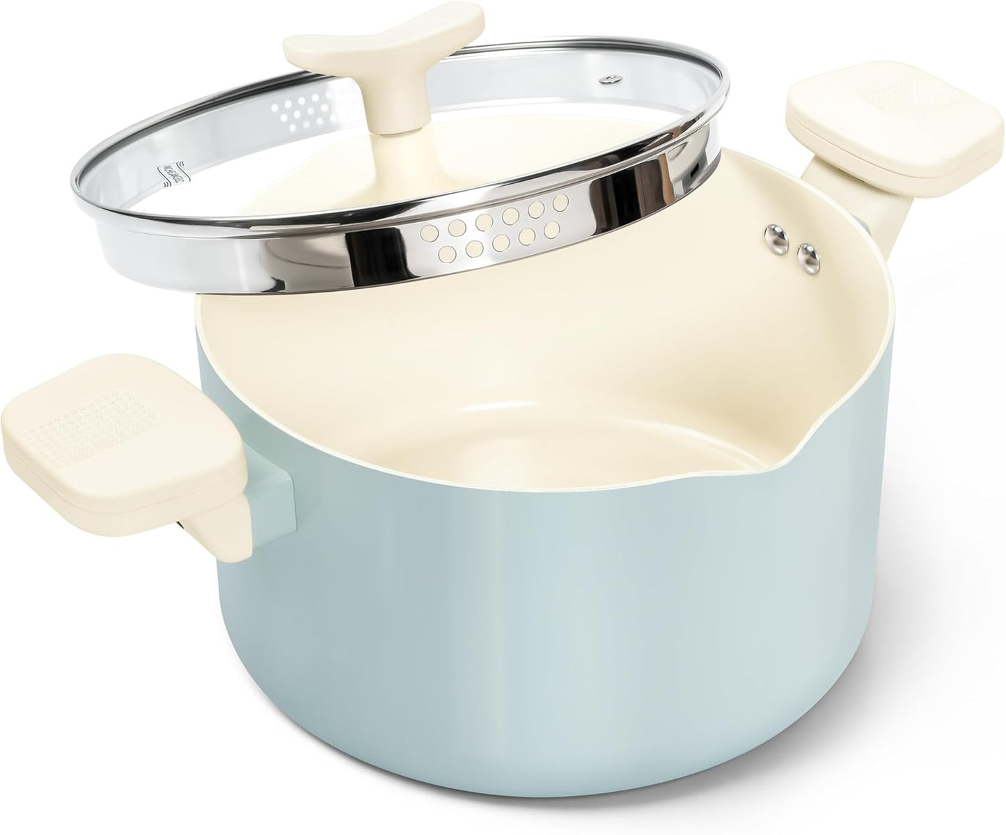 MICHELANGELO Pasta Pot with Strainer Lid - 6 Quart Cooking Pot with Lid, Non Stick Spaghetti Pot Ceramic Coated with Twist and Lock Handles for Easy Draining, Induction Compatible, Soft Aqua