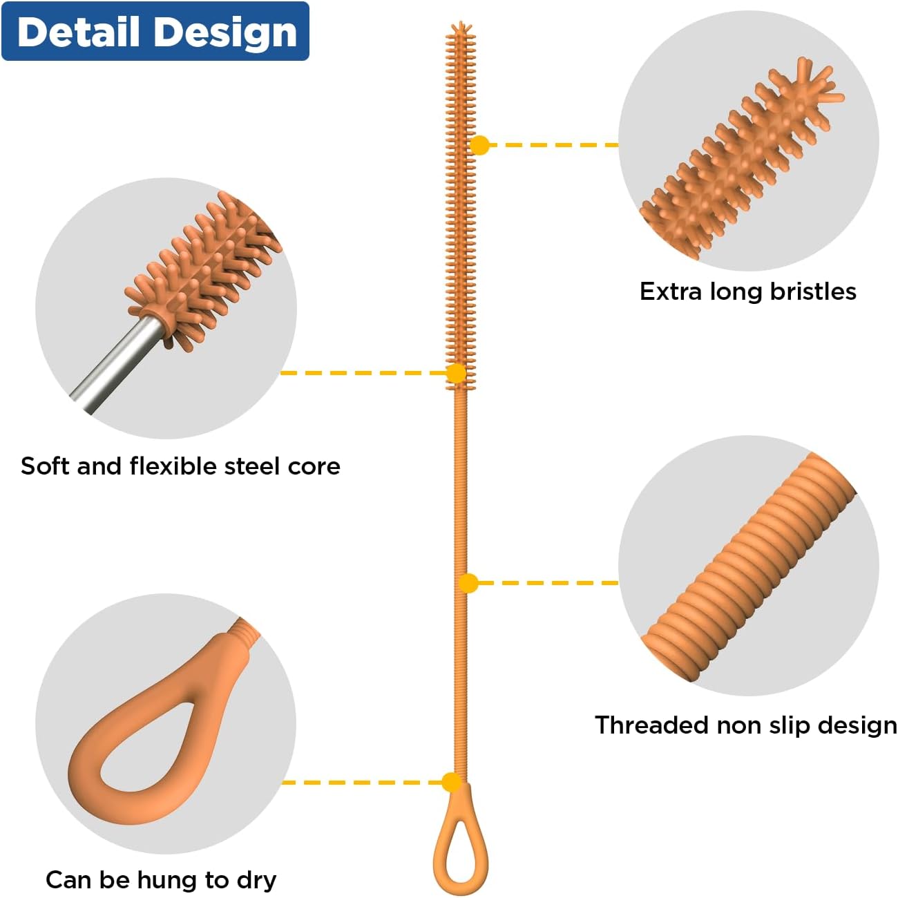 YOTIME Silicone Straw Cleaner Brush, 2Pcs Reusable Straw Brush Extra Long for Cleaning Tumbler with Handle and Glass Metal Smoothie Straws, Non-slip Handle Soft and Bendable, 6mm+9mm, Orange