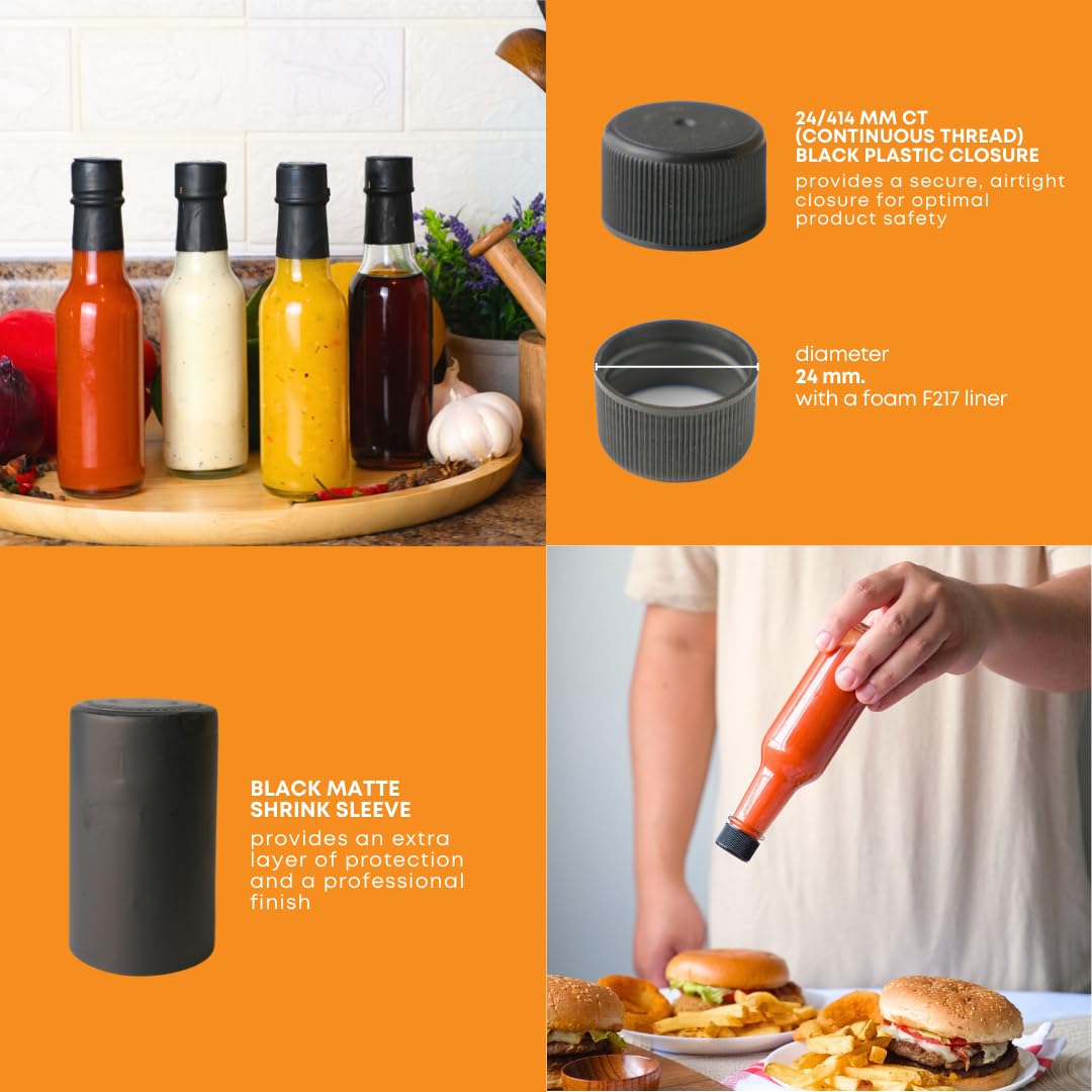 FastRack - 5oz Woozy Bottles for Hot Sauce, Pack of 24 with Black Plastic Caps & Shrink Sleeves, Empty, Clear Glass bottles with Leakproof Cap - No Dripper Included